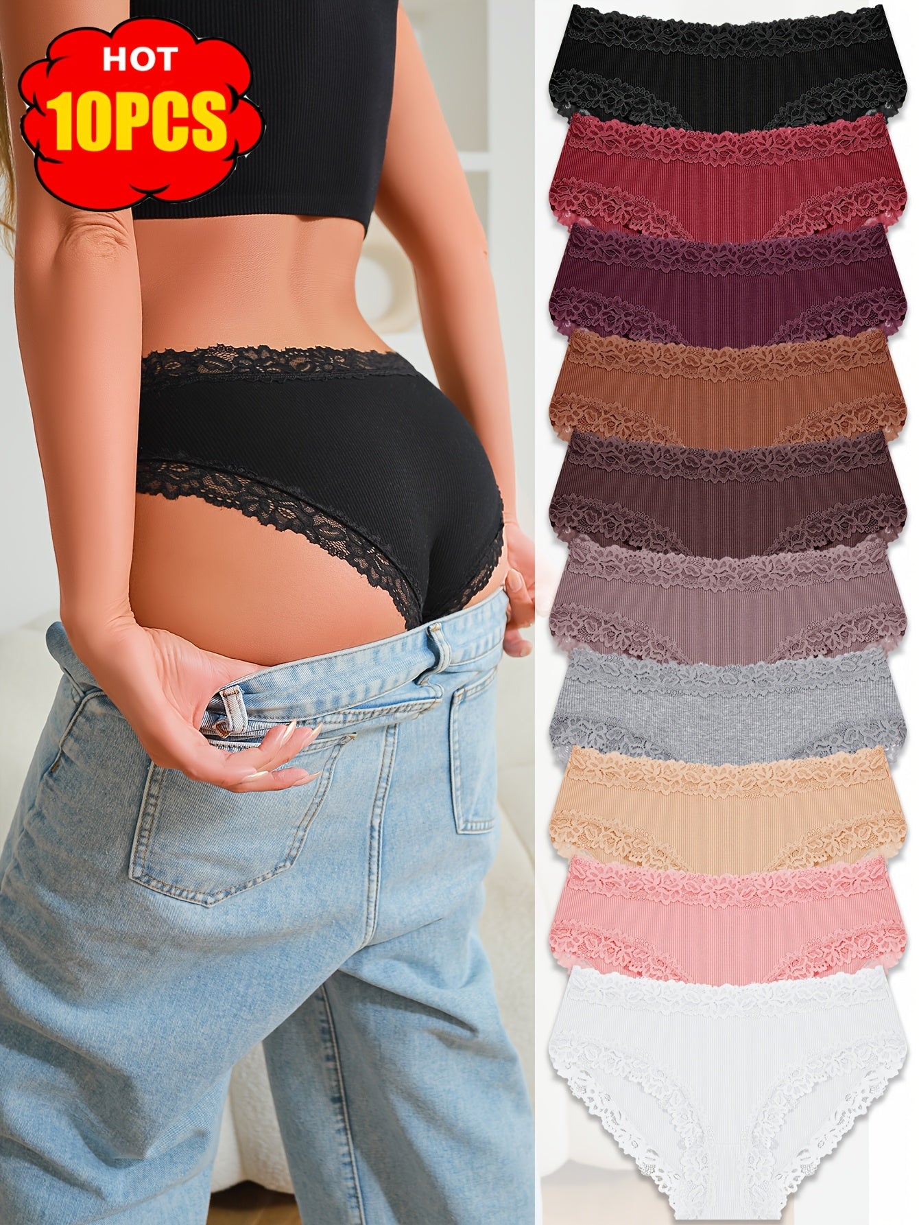 10pcs Set of Solid Color Lace Triangle Pants, Elegant and Fashionable, Skin Friendly, Breathable and Elastic Underwear, Suitable for Daily Commuting, Women's Underwear and Underwear