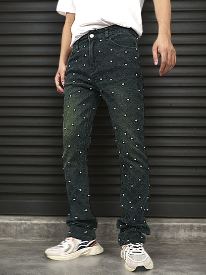 Y2K Men's Shiny Rhinestone Embellished Stretch Slim-Fit Jeans, Casual Street Style Hip-Hop Skateboarding Rap Pants, Machine Washable - All-Season Wear