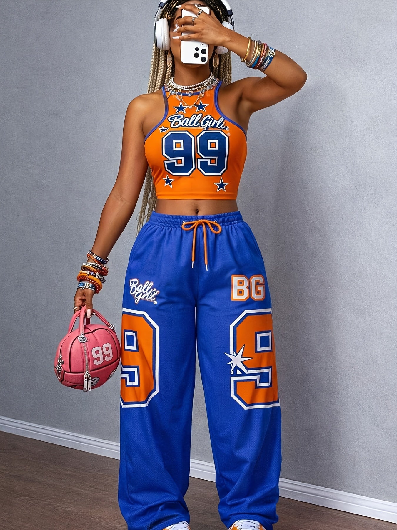 Vest Wide-Leg Pants - Two-Piece Set - Casual Street Fashion Versatile - Color-Blocking Belt Jumpsuit - Loose Pants Suit - Party Sexy Hot Outfit - Number 10 Print Drawstring Waistband - Suitable for Multiple Occasions