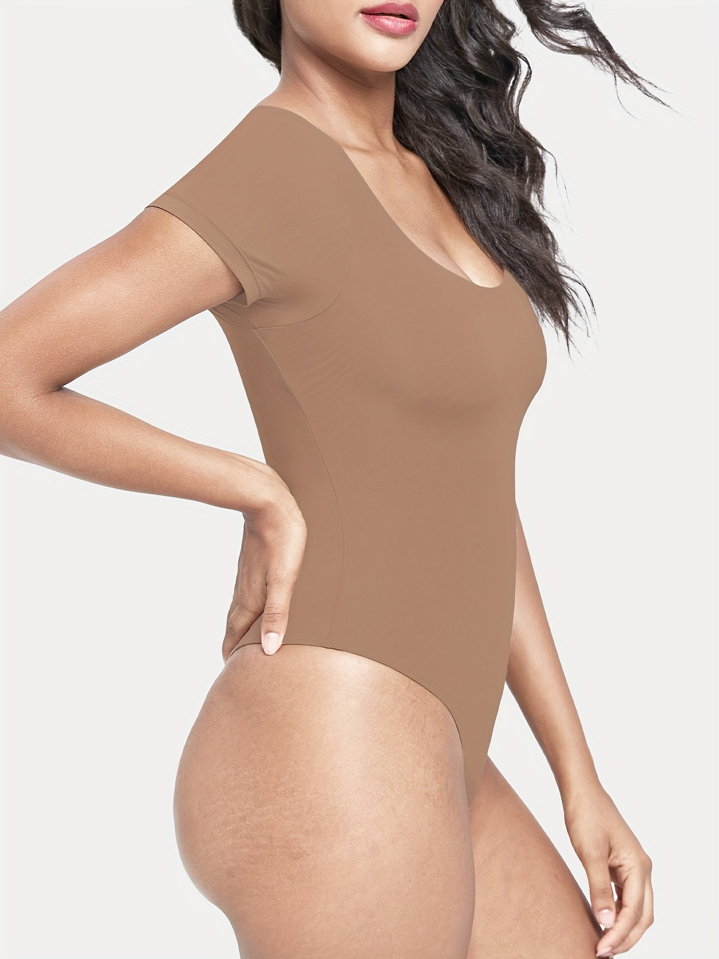 Women's Classic Scoop Neck Short Sleeve Bodysuit - Soft Nude Stretchy Breathable Fabric, Lightweight All-Season Versatile Wear for Office, Vacation & Parties, Sexy Short Sleeves Blouses, Office Outfit, Minimalist Style, Comfortable Fit, Fitted Top, Office