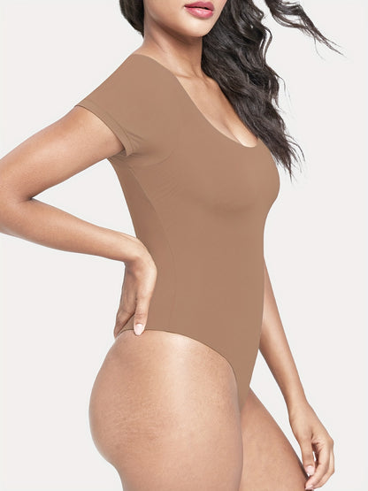 Women's Classic Scoop Neck Short Sleeve Bodysuit - Soft Nude Stretchy Breathable Fabric, Lightweight All-Season Versatile Wear for Office, Vacation & Parties, Sexy Short Sleeves Blouses, Office Outfit, Minimalist Style, Comfortable Fit, Fitted Top, Office