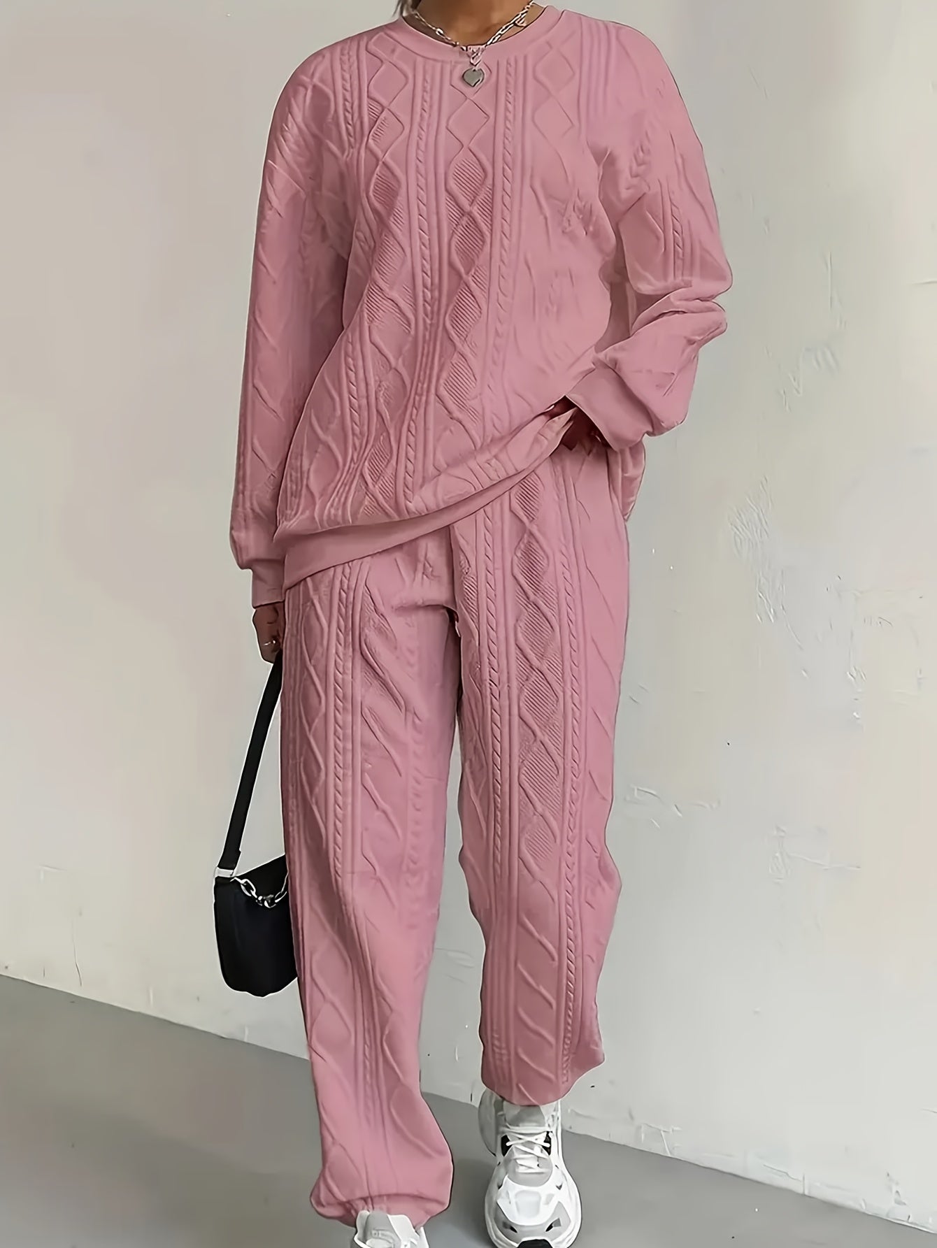 Women's Casual Pullover Two-piece Set, Suitable for Spring And Autumn, Consisting Of A Textured Long-sleeved Top And Jogging Pants