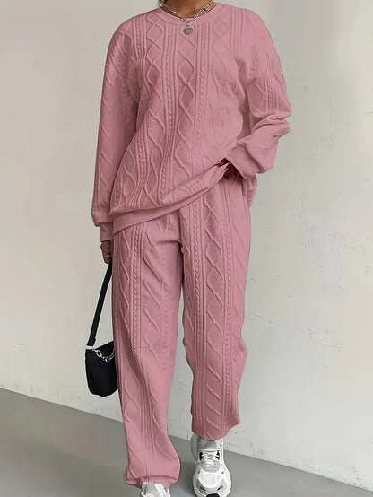 Women's Casual Pullover Two-piece Set, Suitable for Spring And Autumn, Consisting Of A Textured Long-sleeved Top And Jogging Pants