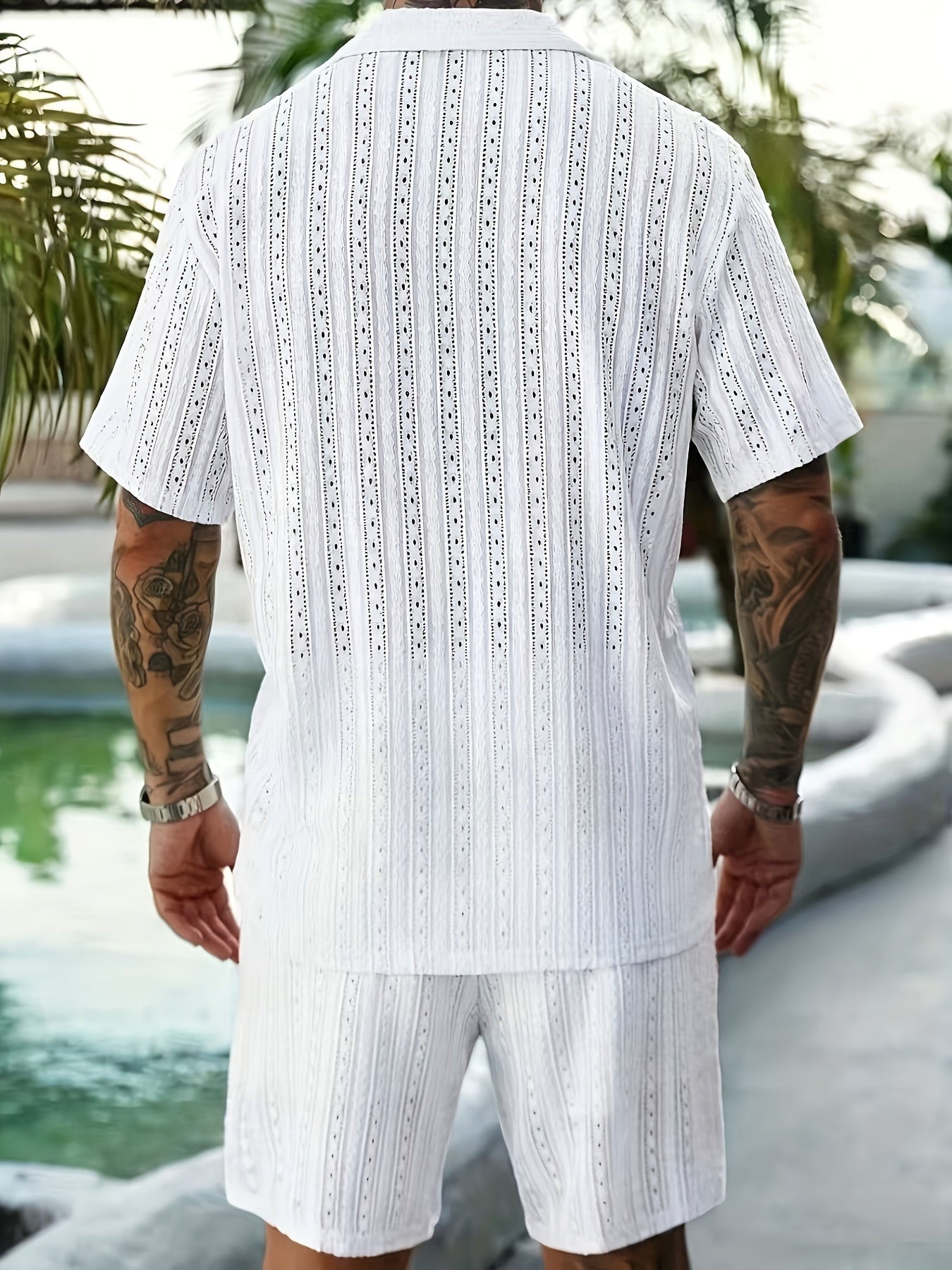 2pcs/Set Men's Solid Color Button- Hollow Shirt And Shorts Set, Vacation Solid Color Husband Casual Wear, Suitable for Vacation, Seaside Beach, Daily Leisure, Summer Wear Men Vacation Outfits Men 2pcs Outfits Summer, Cozy Outfits