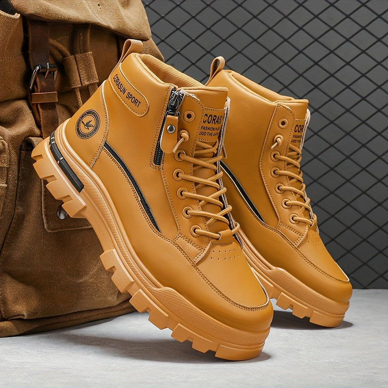 High-Top Zipper Design Men'S Boots for Autumn And Winter, Featuring a Waterproof PU Surface, Slip-Resistant And Durable Sole, Ideal for Outdoor Activities, Hiking, And Mountaineering