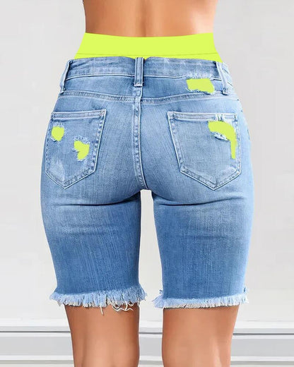 Denim Shorts, Color Block Printed Ripped Shorts/w Fitness Running Shorts