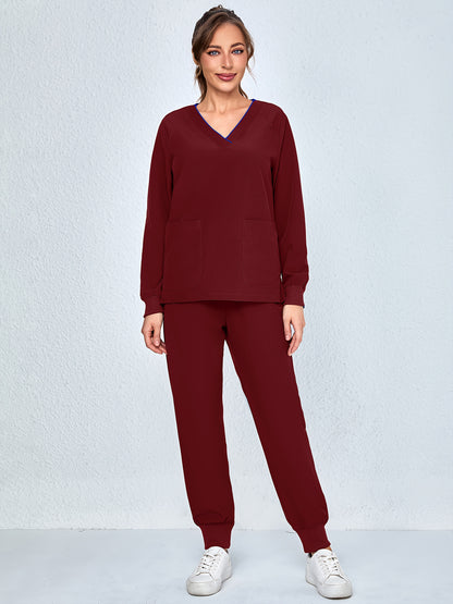 2pcs Women's V-Neck Matte Suit with Long Sleeve Stretch S Uniform Work Clothes Washable Pockets Breathable Elastic Top And Waist Cord Pocket Pants Set