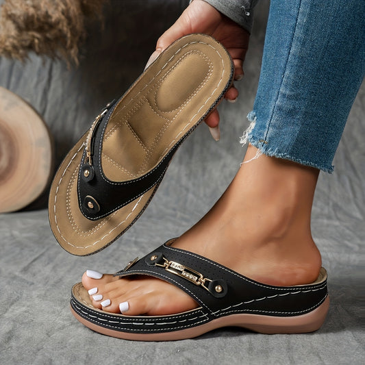 2026 Affordable Women's Fashion Platform Sandals - with Arch Support, Breathable PU & Synthetic Material, Solid Color Casual & Formal Daily Comfort Slippers, Comfortable Slip-On, Outdoor Beach Sandals, Women Shoes