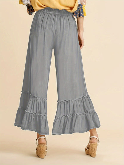 Women's Palazzo Pants For Elastic High Waisted Wide Leg Ruffle Ruched Loose Beach Trousers