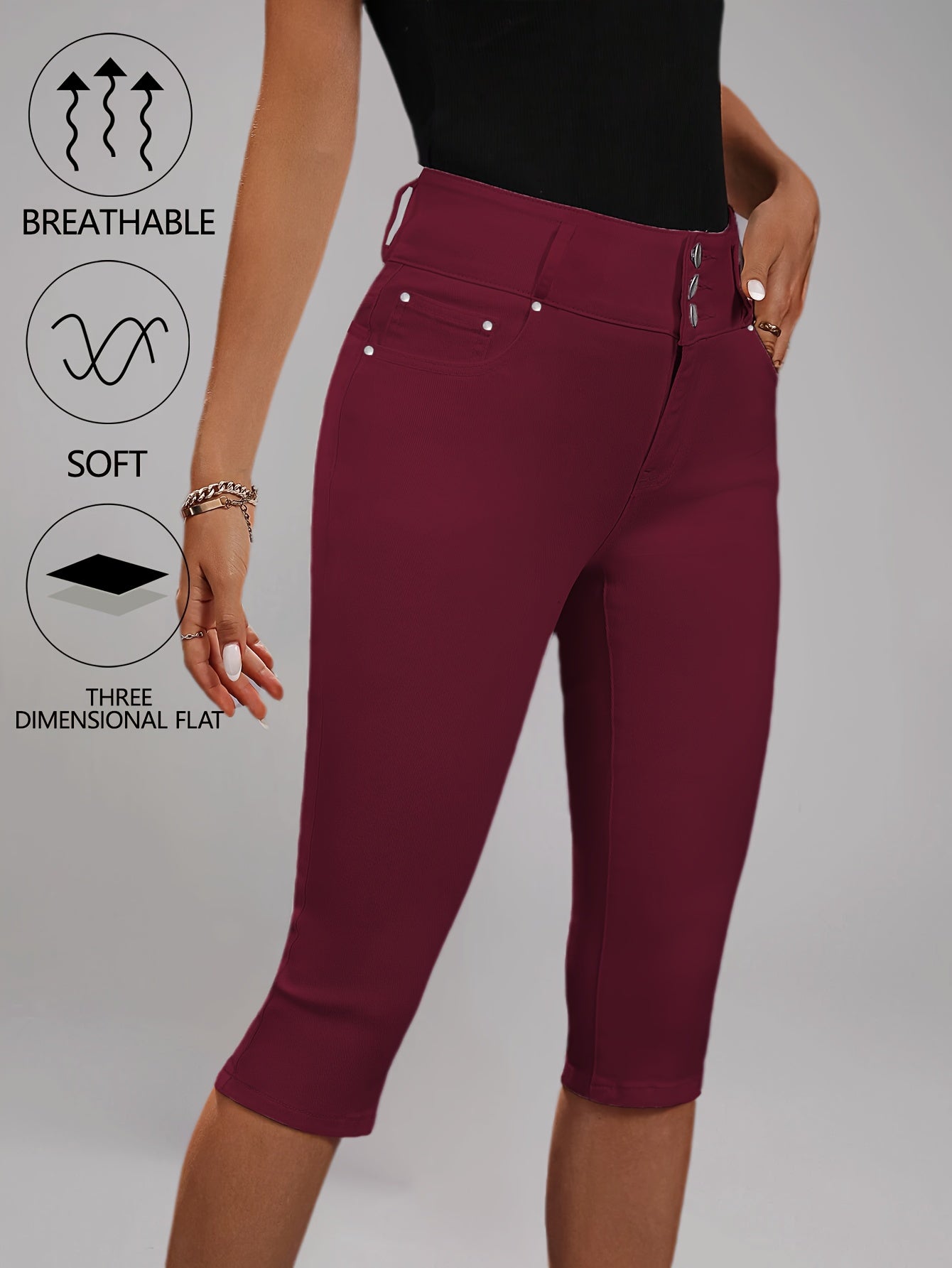 [High-Waisted Stretch Capri] Women's Deep Red High-Waisted Stretch Capri Pants Triple Row Button Fly with Metal Rivet Accents Booty Lifting Design 7/8 Length Cropped Jeans High Elasticity Soft Comfortable Machine Washable Versatile Wardrobe Essential for