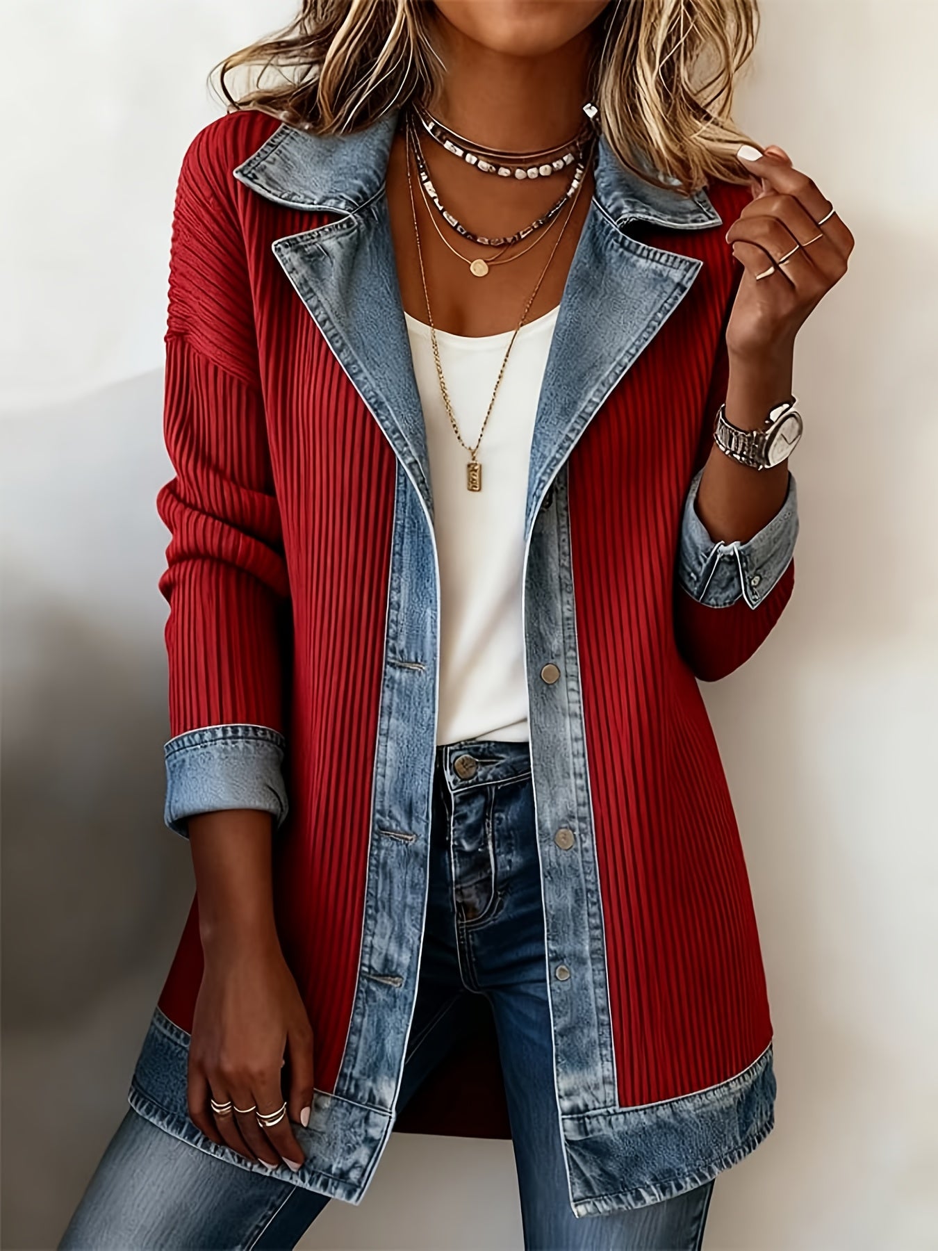 Casual Denim Patchwork Jacket with Loose Collar And Cardigan Top for Women | Long Sleeve, Single Breasted, Skinny Fit, Fall/Winter Collection