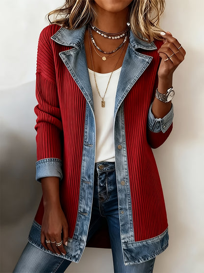 Casual Denim Patchwork Jacket with Loose Collar And Cardigan Top for Women | Long Sleeve, Single Breasted, Skinny Fit, Fall/Winter Collection