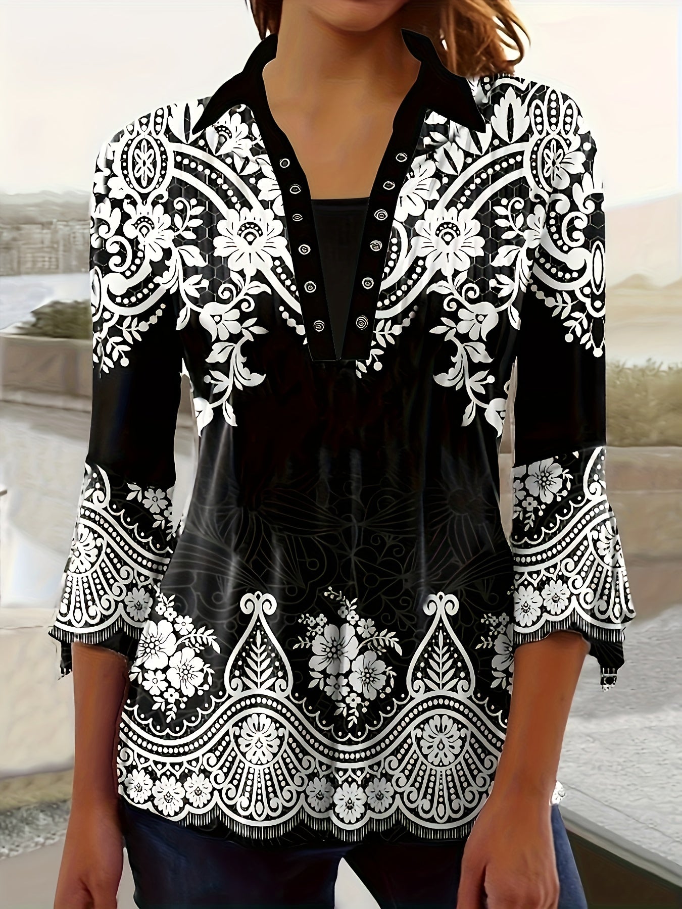 Spring And Autumn New Women Printed Lapel Three-quarter Sleeve T-shirt Irregular Sleeve Button-up Top