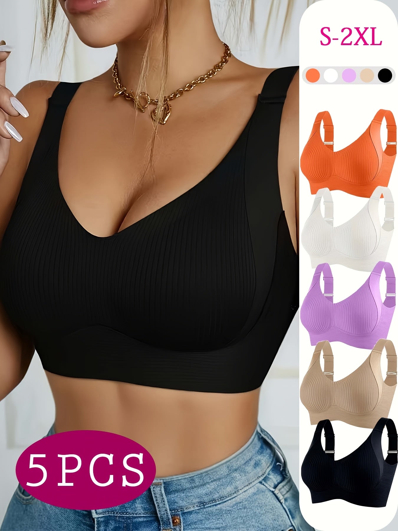 5pcs Ribbed Wireless Bra - High Elastic, Breathable & Strong Support | Comfortable No-Squeeze for Daily Wear, Yoga & Gym Workouts