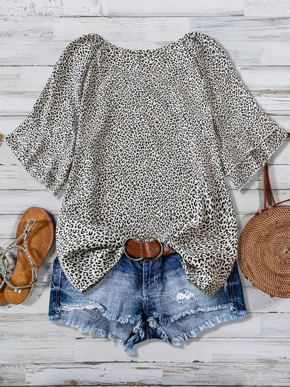 Plus Size Women's Boho Leopard Print Ruffle Sleeve Blouse - Asymmetrical Summer Top with Round Neck, Machine Washable Casual Vacation Shirt for Beach Outings & Warm Weather, Relaxed Setting Apparel, Nontransparent Fabric