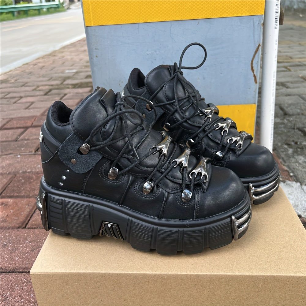 Retro Punk Style Unisex Black Thick Bottom Metal Decoration Lace-up Casual Shoes, Women Shoes, Sneakers