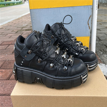 Retro Punk Style Unisex Black Thick Bottom Metal Decoration Lace-up Casual Shoes, Women Shoes, Sneakers