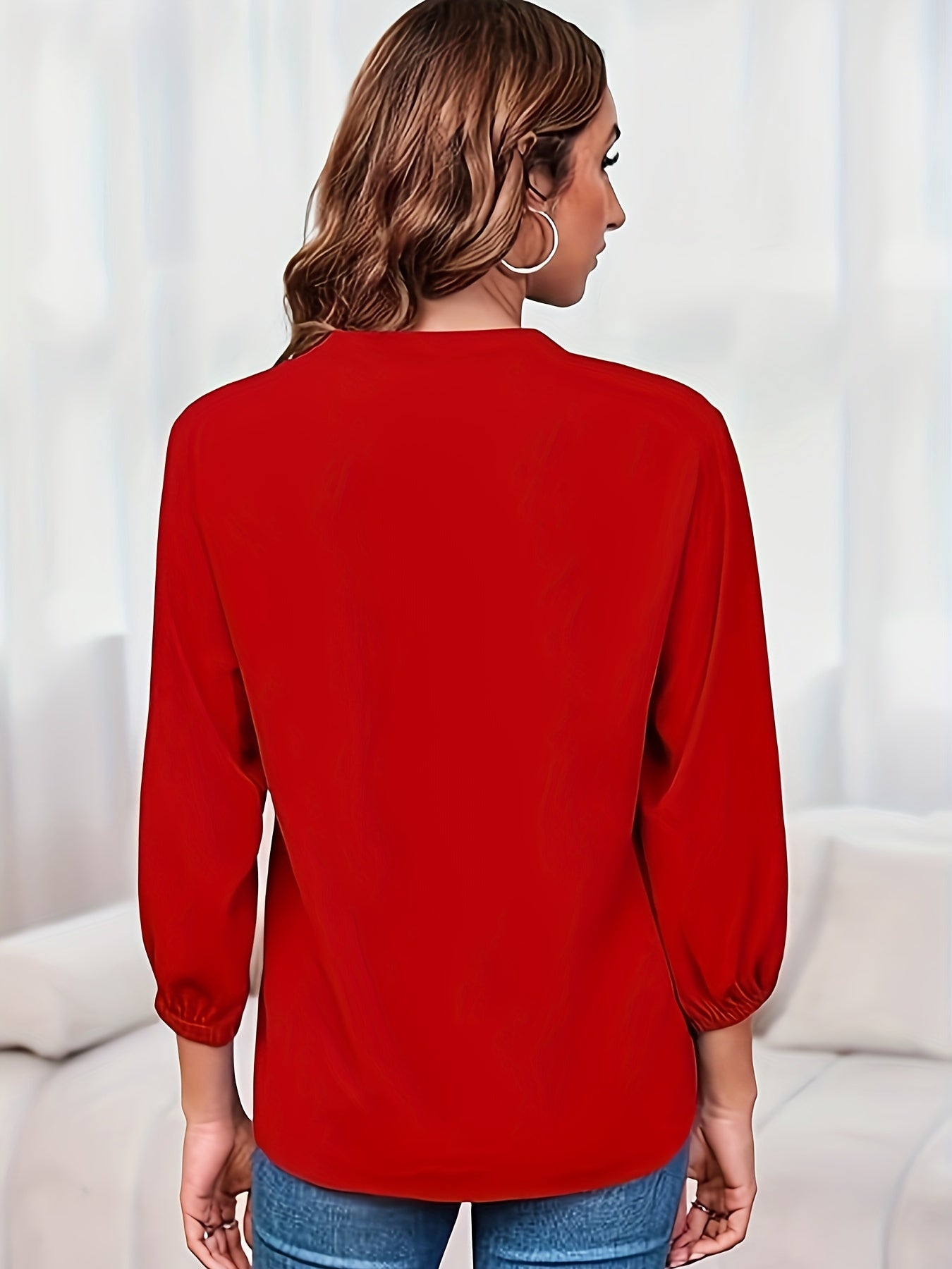 Solid Color Zipper Up Blouse, Casual V Neck Long Sleeve Blouse For Spring & Fall, Women'S Clothing