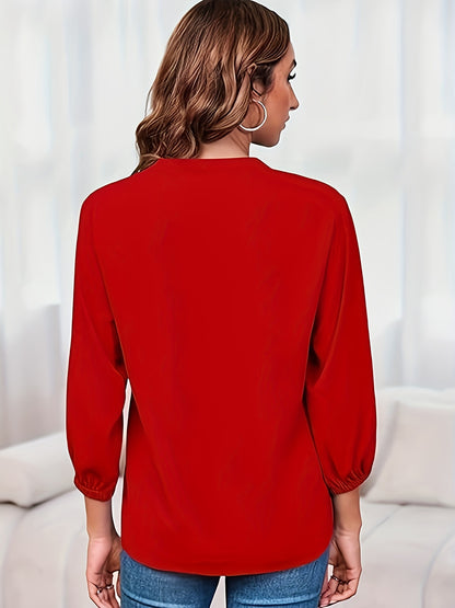 Solid Color Zipper Up Blouse, Casual V Neck Long Sleeve Blouse For Spring & Fall, Women'S Clothing