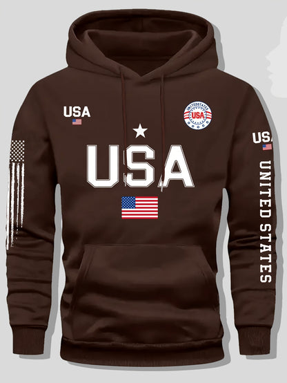 USA Flag Pattern Printed Hoodies, Men's Sweatshirts, United States Letter Printed Casual Knitted Fabric Pullovers for Both Men and Women, Student Couple Outfits, Fashionable Sweatshirts, Autumn and Winter Men's and Women's Sweatshirts