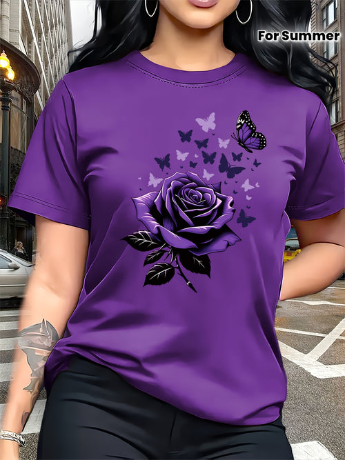 Women's Casual T-shirt, Chic Butterfly Pattern Print T-shirt - Rose Elements, Gifts, Casual Crew Neck Top - Breathable, Light and Comfortable, Suitable for Spring and Summer Wardrobes