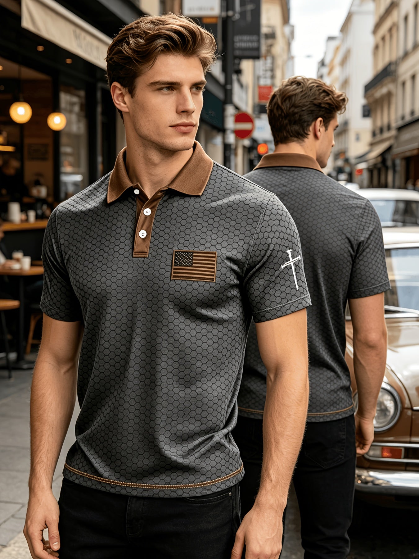 American Flag Gradient Cross Print Polo Shirt for Men's Casual Lapel Short Sleeved Patriotic Themed Commuting Top, American Flag Armband Contrasting Striped Short Sleeved Casual Business Lapel Top