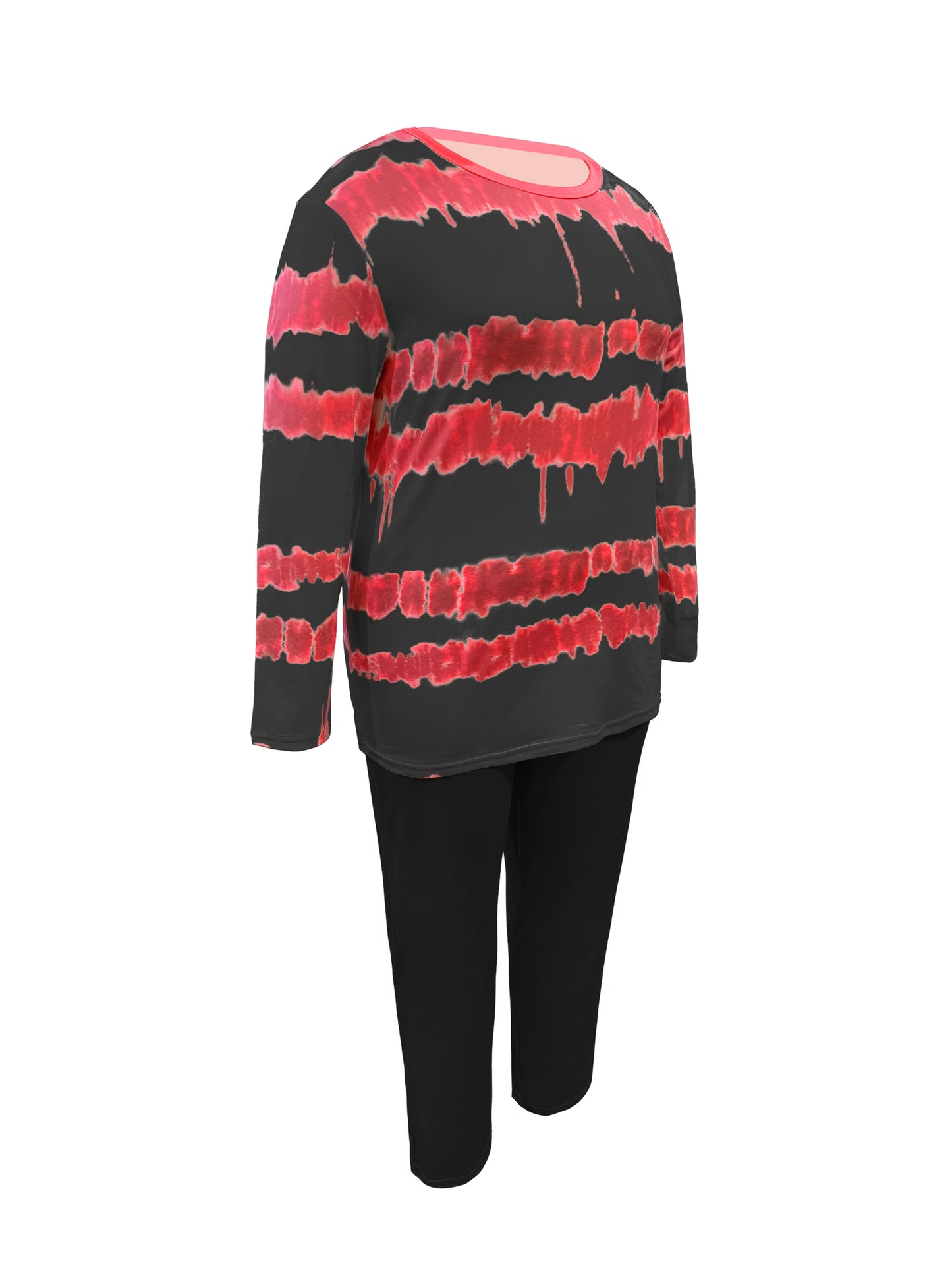 Plus Size - Plus-size Fashion Tie-dye Striped Print Long-sleeved Trousers Suit, Suitable For Going Out