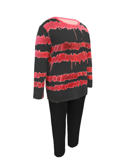 Plus Size - Plus-size Fashion Tie-dye Striped Print Long-sleeved Trousers Suit, Suitable For Going Out