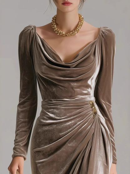 Women's 【Brown】 Polyester Ruffle V-Neck Dress - product view 9