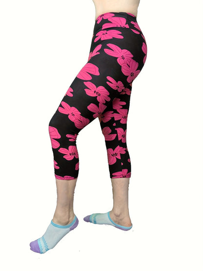 Women's High-Waisted Capri Leggings - Smooth Polyester Blend with Spandex, High Stretch, Three Quarter Length | Perfect for Yoga, Sports, Workout | Super Soft, Elastic Waistband, No Sheer