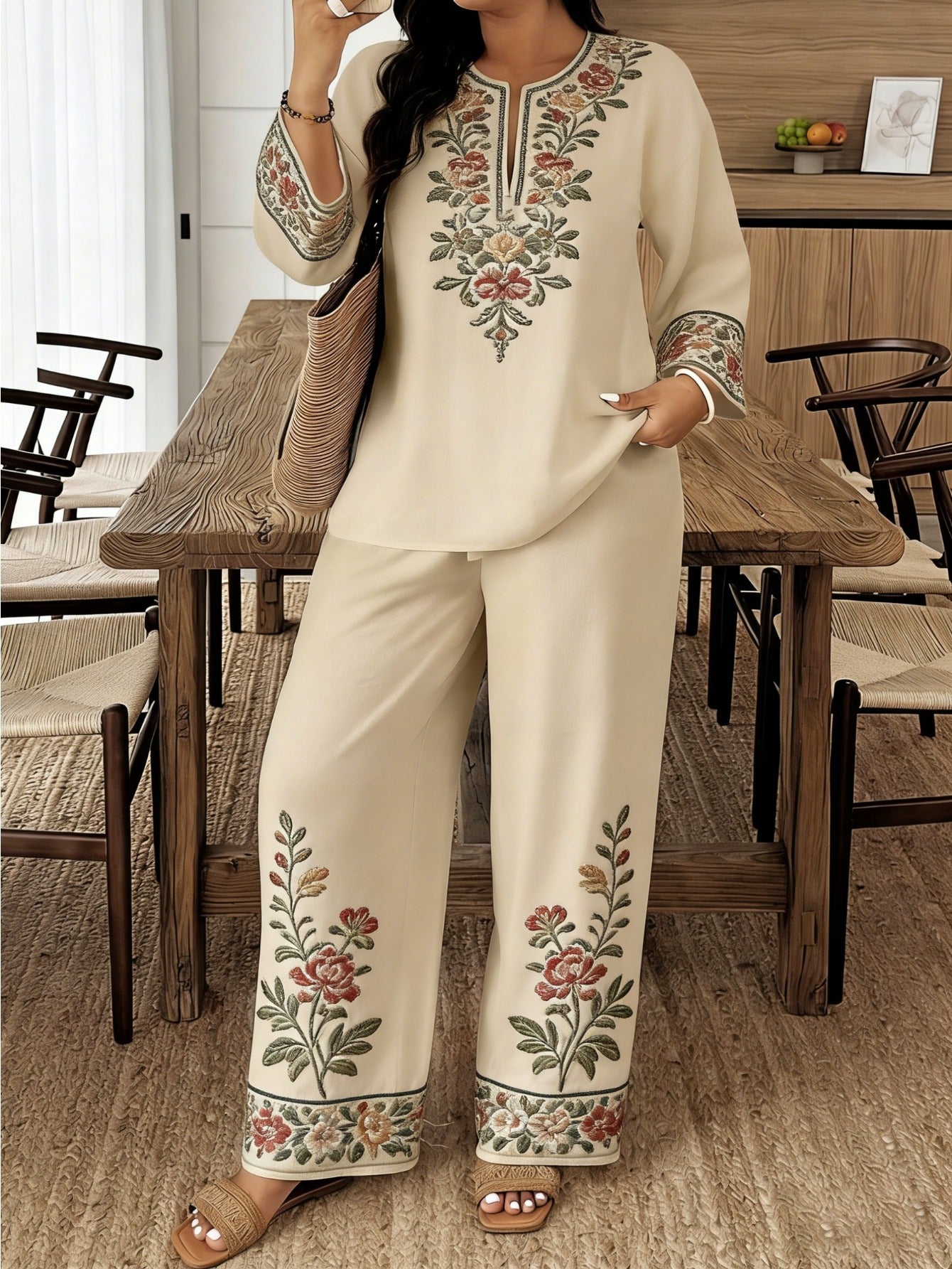 Women's Standard Size Long-sleeve and Long-pants 2pcs Set, Spring/summer New V-neck Buttoned Three-quarter Sleeve Shirt with Printed Elastic Waistband Long Pants, 2pcs Set, Digital Print, Machine Washable, Fabric