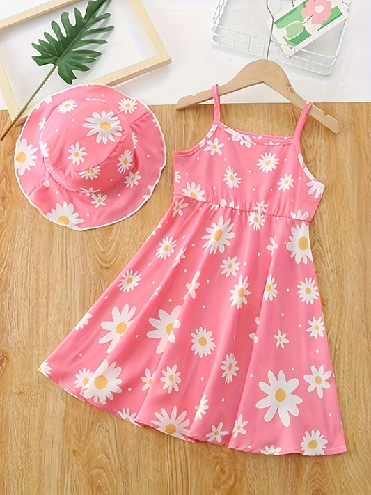 Summer Girls Flower Print Dress Children's Casual Dress Spring/Summer Popular Western Style Little Girl Fashion Versatile Casual Print Full Print Dress (including Hat)