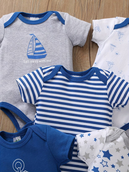 5pcs Set of Baby Boys' Short Sleeved Cartoon Triangle Jumpsuit, Ha Yi, Baby Boys' Ocean Boat Anchor Casual Crawling Suit, for Outdoor