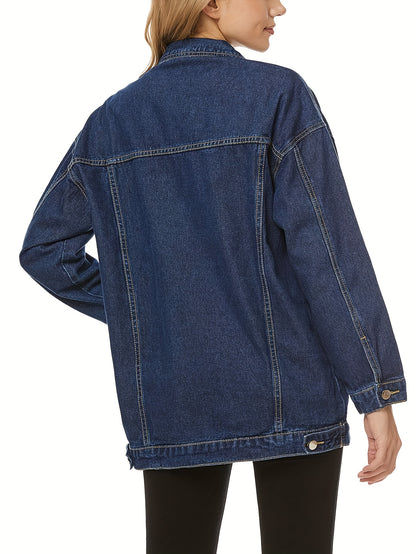 Women's Fashion Denim Jacket - Oversized, Long Sleeve, Mid-Length, Jean Biker Coat