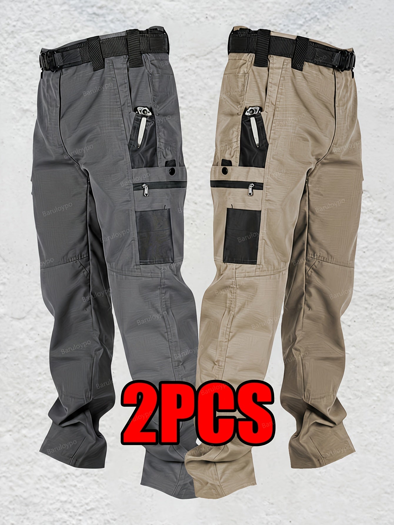 2pcs Men's Tactical Cargo Pants, Multi-Pocket Ripstop Work Trousers, High Quality Outdoor Hiking Pants, Durable Straight Leg Utility Pants for Work, Camping, Daily Wear