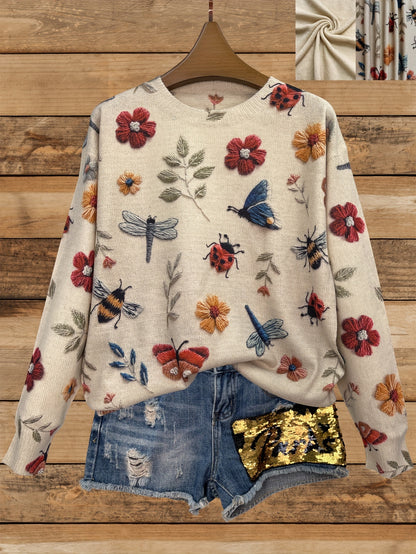 Women's Lightweight All-Over Print Sweater - 3D Insect & Floral Design, Casual Crew Neck Long Sleeve Top, Regular Fit for All Seasons, Cute Sweater, Allseason Wear, Playful Design, Comfortable Clothing