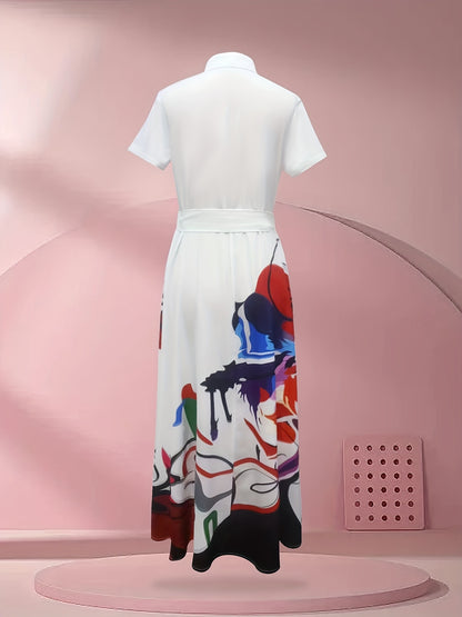 Women's Floral Print A-Line Dress with Button Front & Collared Short Sleeves - Vibrant Spring Summer Fall Casual Elegant Midi Dress, Machine Washable, Seasonal Wardrobe, Breathable Material, Adult Clothing