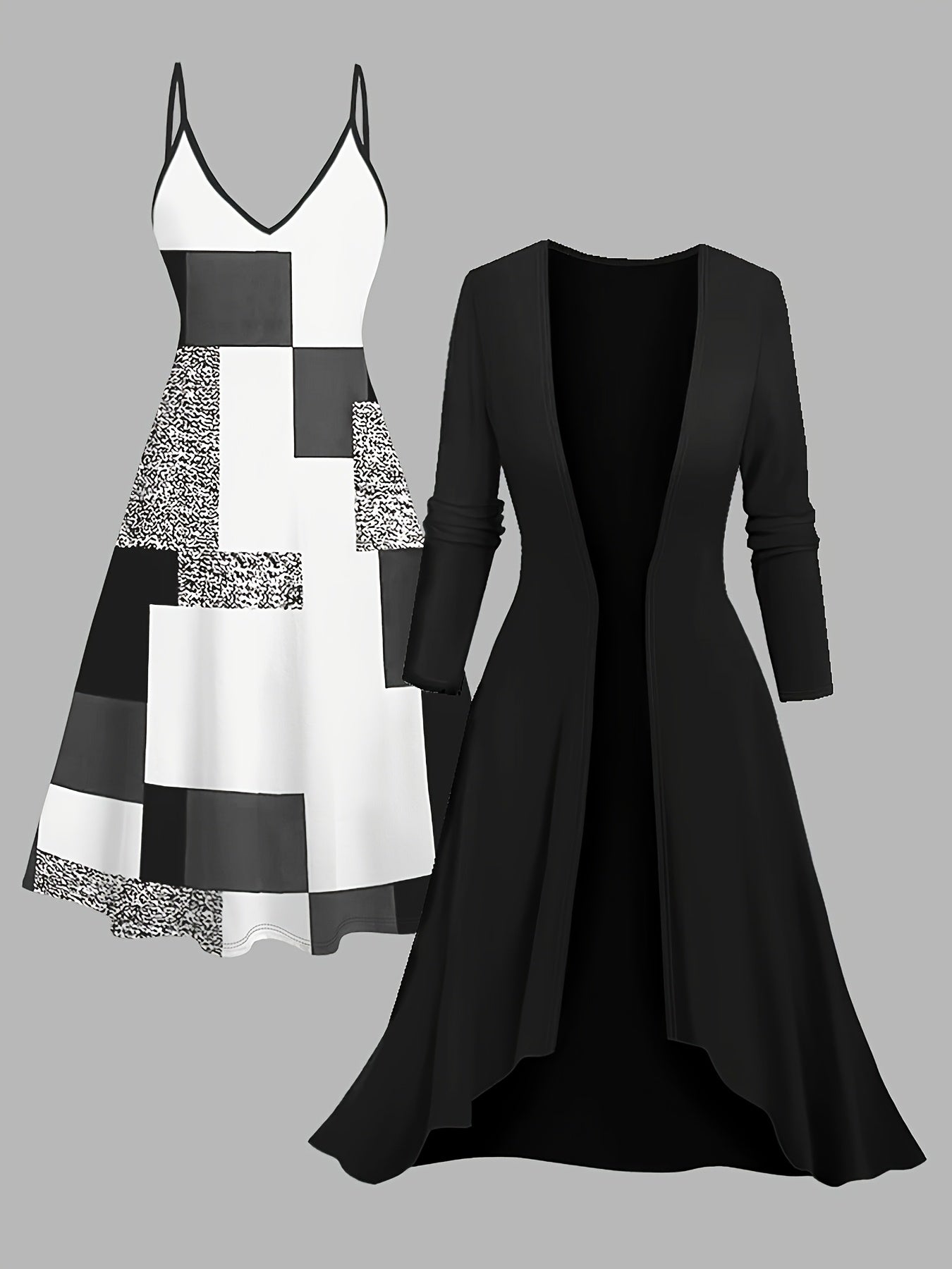 Two-piece Dress: Simple And Fashionable Printed Top Paired With A Collision Long Coat, Elegant Two-piece Suit, Women'S Dresses, Collision Women'S Dresses, Women'S Elegant Dresses, Women'S Dresses, Tiffany Size Dresses