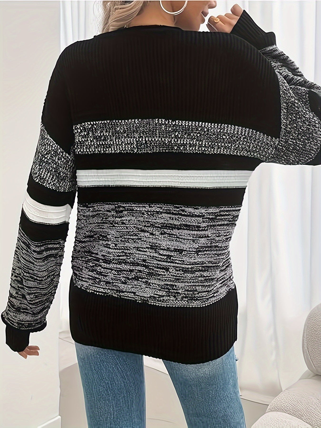 Women'S Fashion Striped Long Sleeve Sweater Color-Blocked Pullover Top Casual Ribbed Sweater