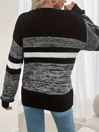 Women'S Fashion Striped Long Sleeve Sweater Color-Blocked Pullover Top Casual Ribbed Sweater