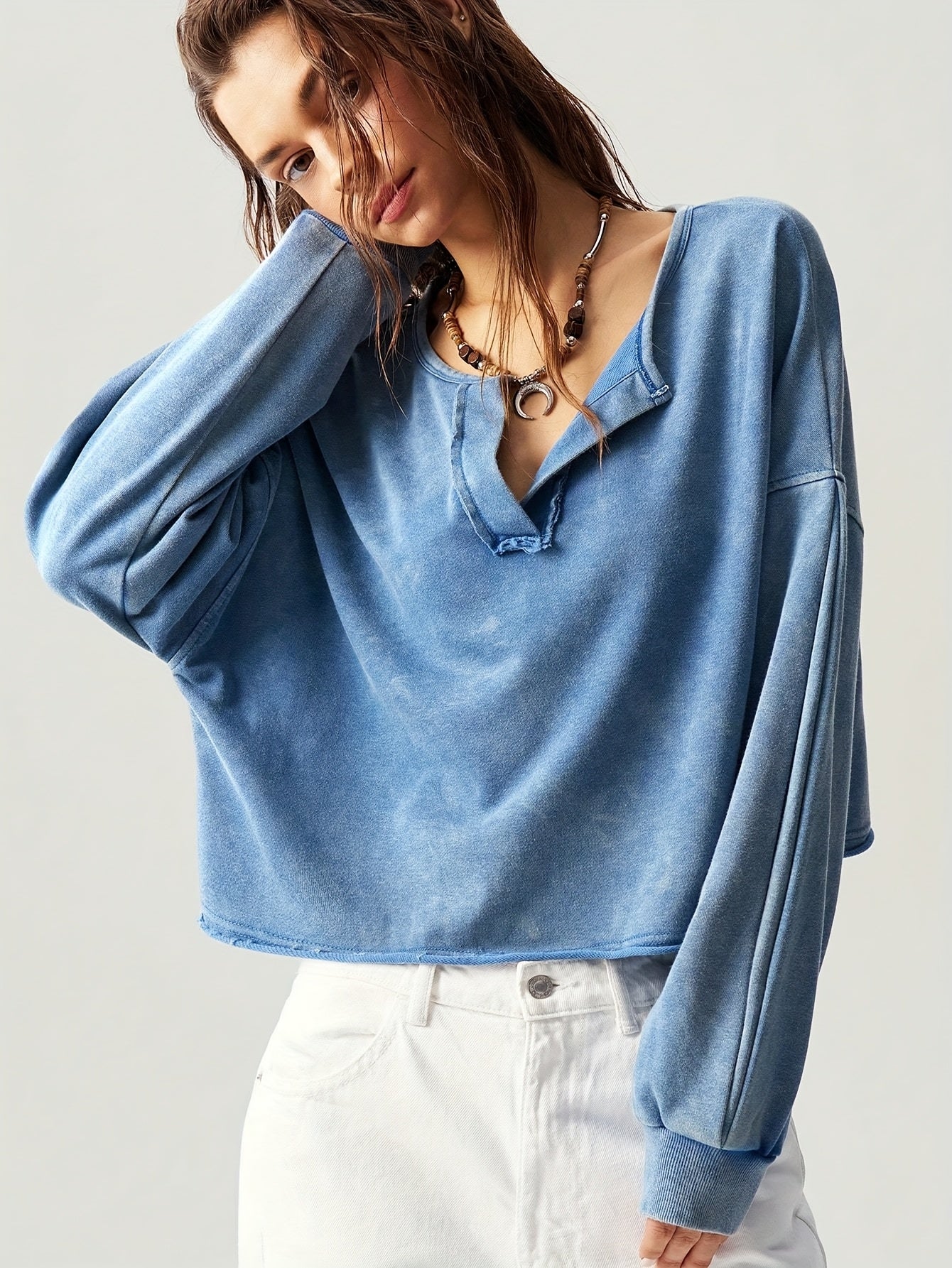 Casual Solid Color V-Neck Long Sleeve Loose Fit Women Sweatshirt Fall Tops Women Cropped Sweatshirt Long Sleeve Tops Comfy Tops Tops for Women