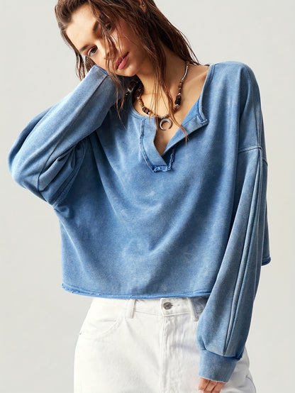 Casual Solid Color V-Neck Long Sleeve Loose Fit Women Sweatshirt Fall Tops Women Cropped Sweatshirt Long Sleeve Tops Comfy Tops Tops for Women