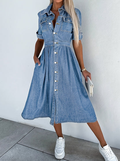 Women's waist a-line Jean Dress Row button V-neck dress