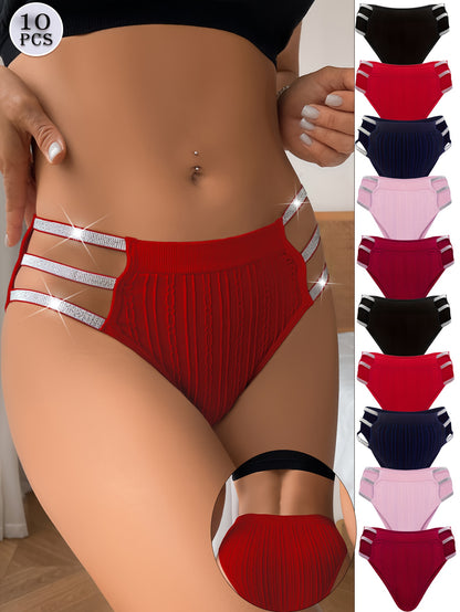 10 PCS Hot-item Ladies Hollowed-out Shiny Belt Briefs, Comfortable Breathable Soft Elegant Fashion Sexy Panties, Romantic Dating Daily Wear, Ladies Sexy Lingerie And Pantie