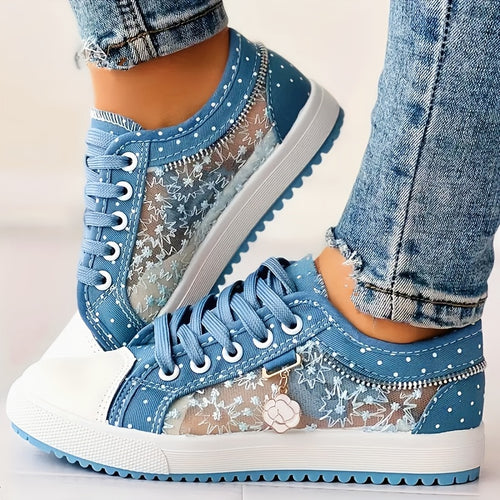 Breathable Mesh Women's Flats - Casual Low-Top Sneakers with Floral Design, Plus Size Available