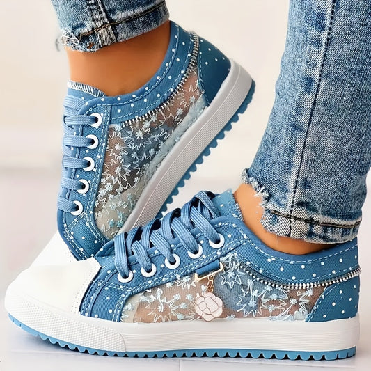 Breathable Mesh Women's Flats - Casual Low-Top Sneakers with Floral Design, Plus Size Available