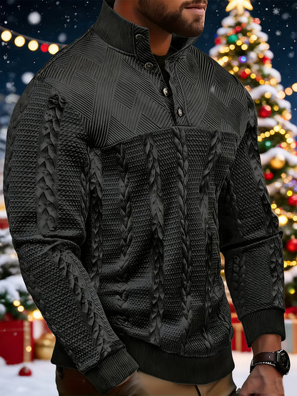 Casual Top for Men in Autumn/Winter, Featuring a Textured Wheat Pattern Fabric, Contrasting Ribbed Edges, And a Zippered Long-Sleeve Henley Design. an Ideal Present for New Year, Valentine'S Day, Or for Your Husband