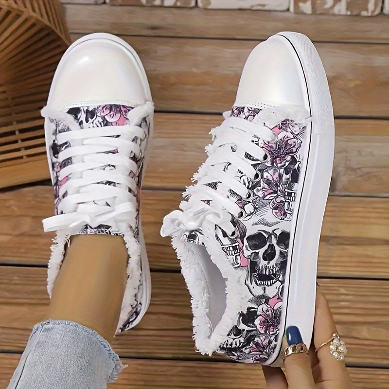 Women's Low-Top Sneakers - Soft Lining & Sole, Round Toe Geometric Embellished Casual Shoes, Low-Top Lace-Up All-Season Wear Suitable for Daily, Office, Semi-Formal - /Korean Style (/Fabric Upper), Women Shoes