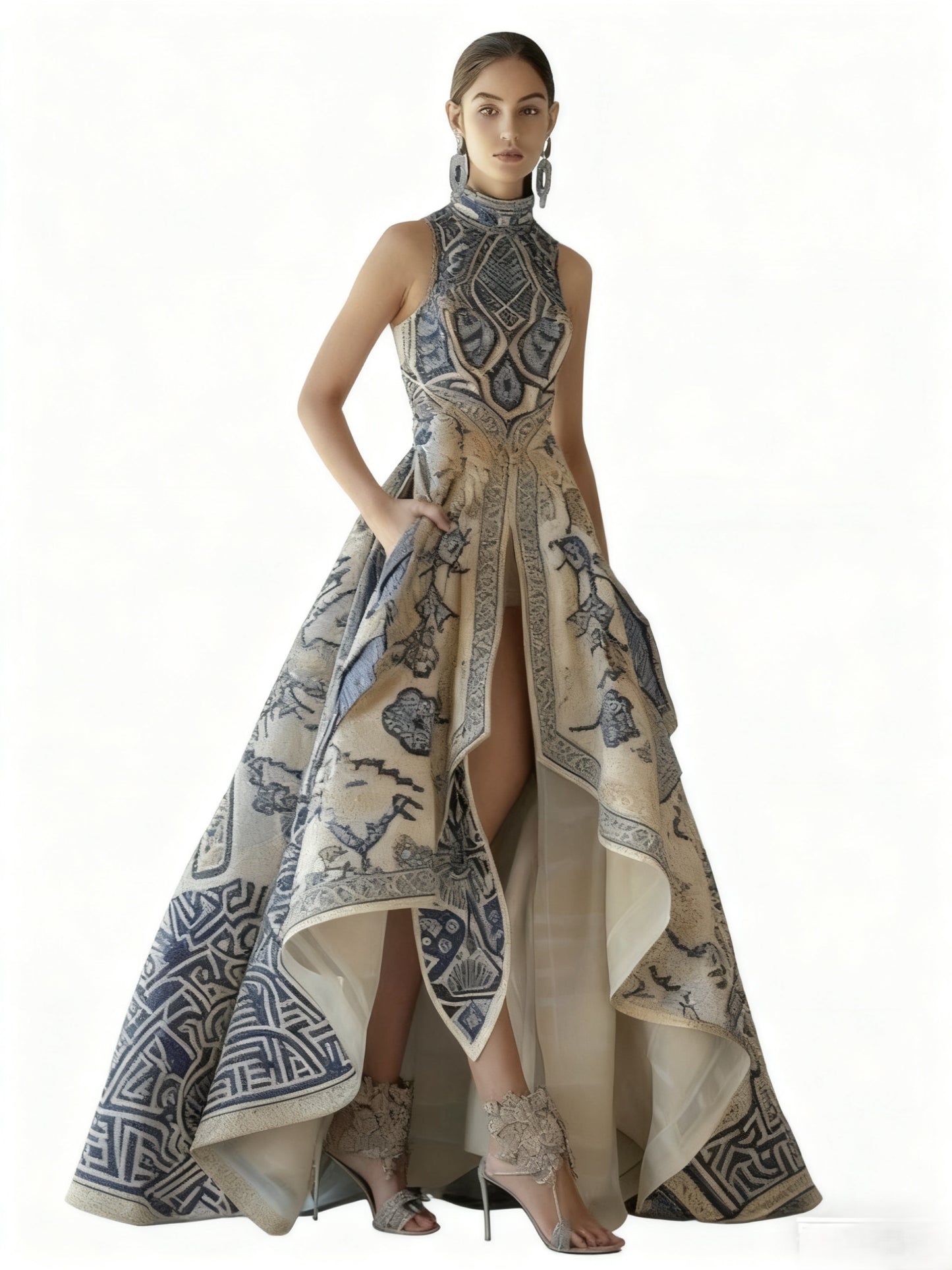 Asymmetrical Blue Porcelain Print High Neck Sleeveless Evening Gown, High-Low Hem Front Slit Formal Dress, Gala Wedding Guest Prom Outfit