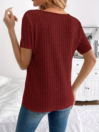 Elegant Spring/Summer Women's V-Neck T-Shirt with Chic Button Detail - Casual Ribbed Short Sleeve Top, Stretch Polyester, Machine Washable, Suitable for Everyday Style, Loose Fit Clothing | Button Detail Shirt | Structure